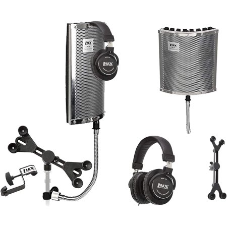 VRI 40 Portable Acoustic Isolation Instrument Shield, Sound Absorbing, Heavy Duty Gooseneck Reflection Panel with Adjustable Universal Smartphone Tablet Holder & Studio Professional Headphones