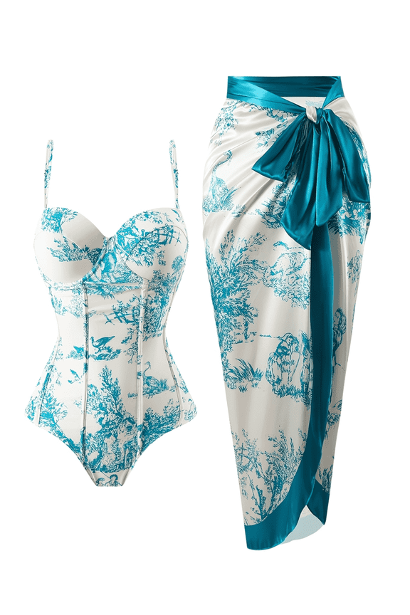 Women's White Teal Print Bustier One-Piece Swimsuit with Satin Tie Waist Skirt, Elegant Tummy Control Swim Set for Summer Beach, S-XL