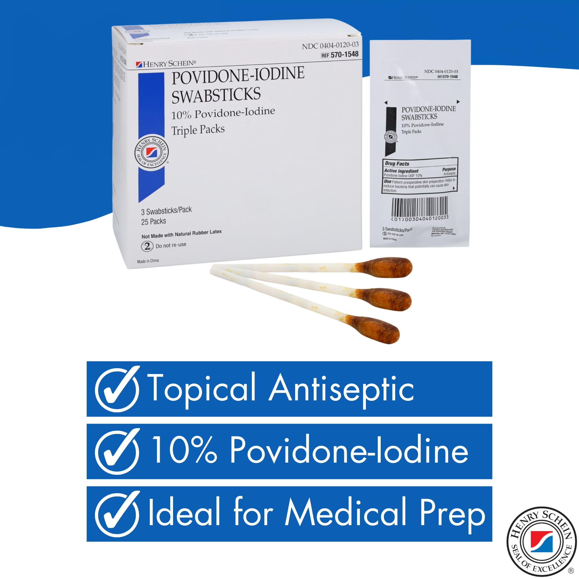 Henry Schein Prep Povidone-Iodine Swabsticks, Individually Packed, Sterile, 10% Povidone-Iodine Cotton Swabs, 25 Count (Pack of 2)