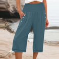 thumbnail image 2 of Women's Capri Pants Casual Trendy Summer Solid Color Stretch High Waist Cropped Pants with Pockets Buttons Wide Leg Capris, 2 of 5