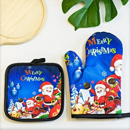

BadyminCSL Christmas Kitchen Utensils Printing Oven Gloves High Temperature and Scald Resistant Thermal Insulation Glove Set