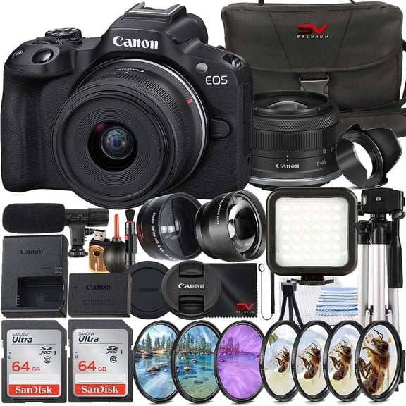 Canon EOS R50 Mirrorless Camera with RF-S 18-45mm Lens   2 Pack SanDisk 64GB Memory Card   Case   Wide Angle   LED Flash   SV Premium Accessory Bundle