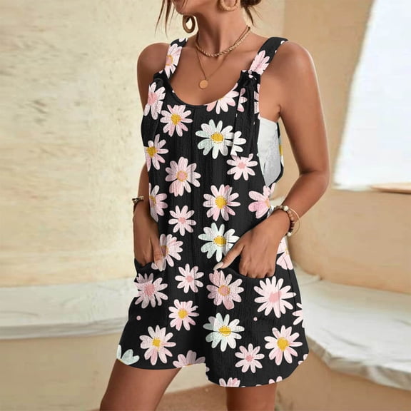 ClodeEU Women's Floral Print Sleeveless Romper,Casual Summer Jumpsuit with Pockets Black,Women's Plus L