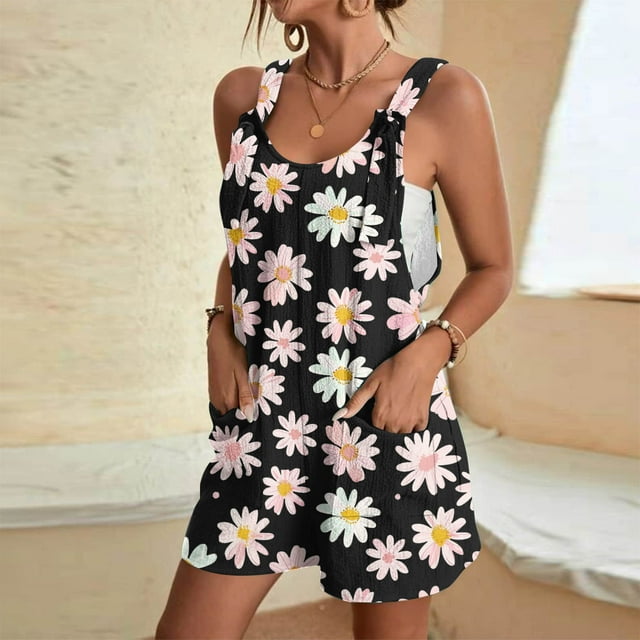 Babysbule Women's Star Printed Overall Jumpsuit Suspender One Piece Sleeveless Wide Leg Shorts Rompers With Pockets