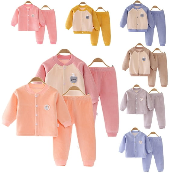 KYAIGUO Toddler Newborn Autumn Winter Underwear 2Pcs Set for Boys Girls,3M-24M Baby Long Sleeve Cardigan Sleep Top Elastic Pants Baby Casual Sports Therma Pjs 2 Piece Outfits