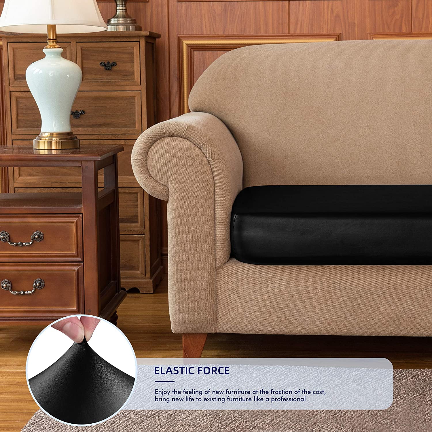 Subrtex Stretch PU Leather Sofa Seat Covers Couch Cushion Cover Waterproof Furniture Protector (X-Large, Black)