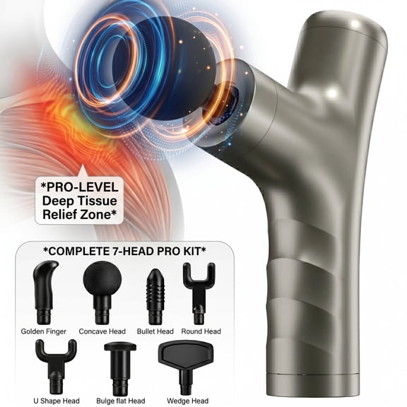 YDLW Massage Gun, Gray, 7 Massage Heads, Deep Tissue Percussion with Heat, 4 Speed Settings, Compact & Portable Design