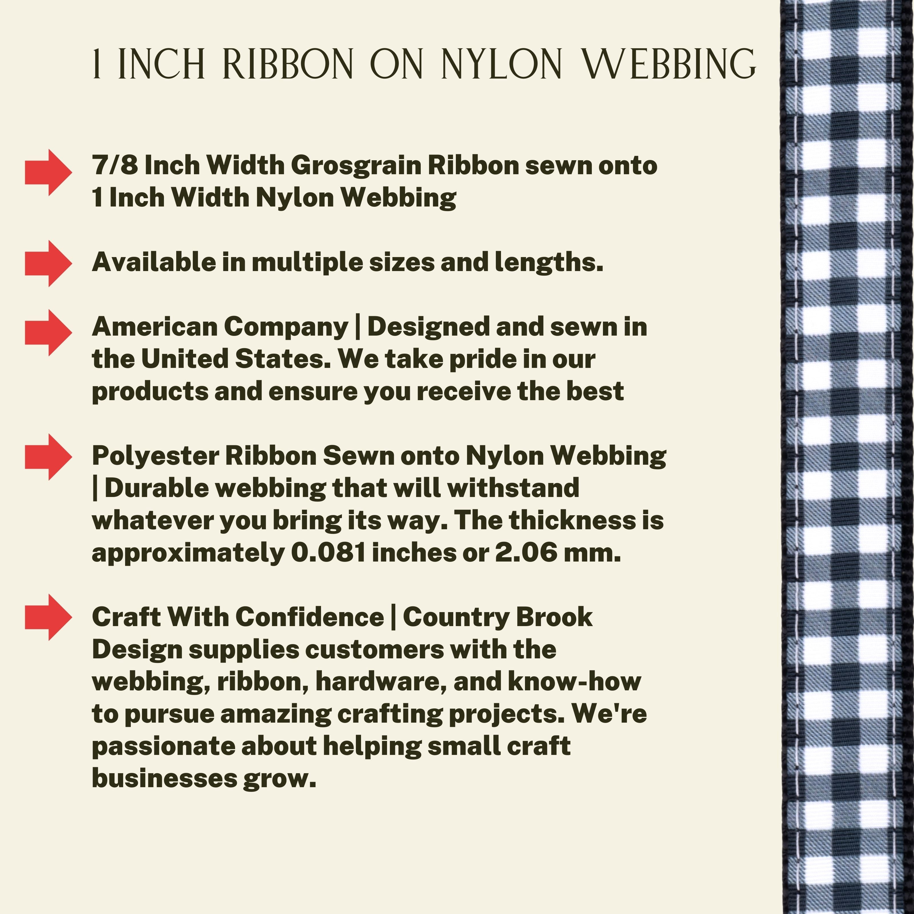 Country Brook Design - Black & White Buffalo Plaid Ribbon on Black Nylon Webbing (1 Inch, 10 Yards)