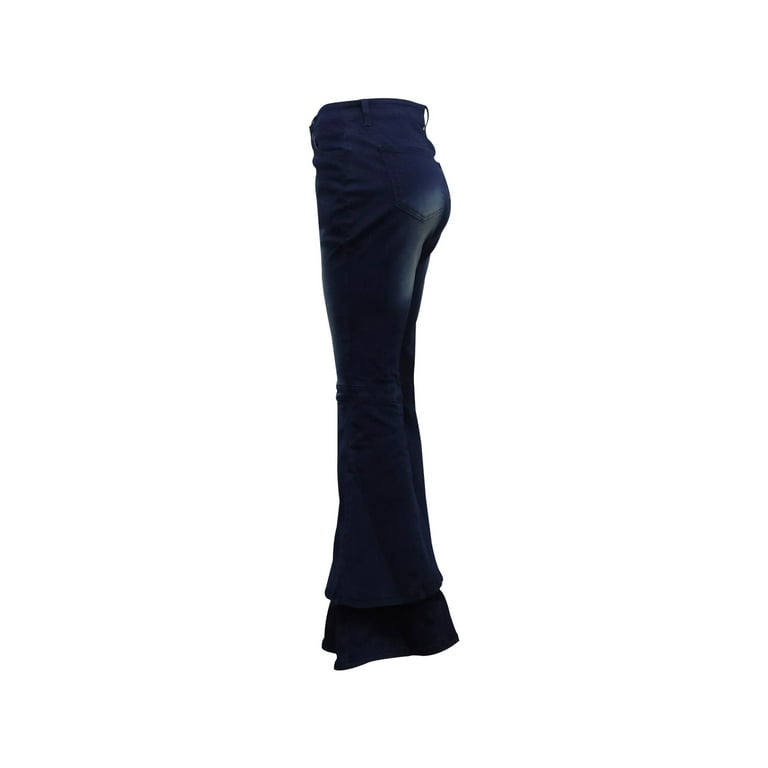 Women's Flare Jeans Pleated Layered Ruffle Bell Hem Cute Wide Leg Denim  Pants Black at  Women's Jeans store