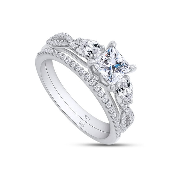 AFFY 1.40CT Princess & Pear Moissanite Diamond 3-Stone Bridal Set Ring for Women 14K White Gold over Silver-4