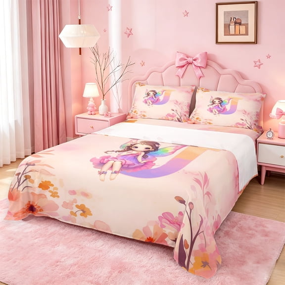 meiyoeat Watercolor Ombre Monogram J Bed Sheets,Cute Cartoon Princess Elf Full Size Sheets For Girl,4-Piece,1 Flat Sheet,1 Fitted Sheet and 2 Pillowcases