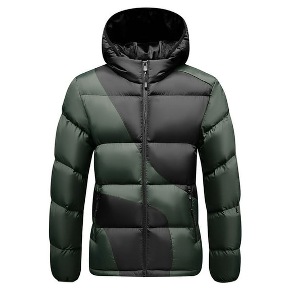 Mens Color Block Puffer Jacket Water Resistant Hooded Winter Padded Cotton Coats Cold Weather Warm Insulated Parka Down Coats Winter Pure Down Jackets