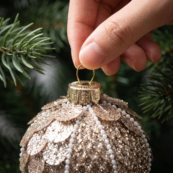 9 Pack Large Hand‑Decorated Foam Christmas Ornaments, Sequin Bead Glitter Accent Baubles With Metal Hangers For Christmas Tree & Wedding Festive Displays.Khaki