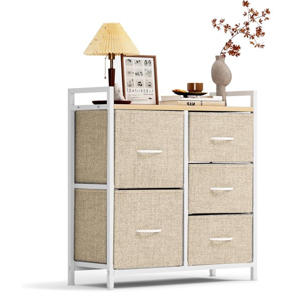 SogesPower Unités de Tiroirs de Rangement, Organisateur de Vêtements à 5 Tiroirs pour Garde-Robe, Chambre, Entrée en Tissu Non Tissé, Beige