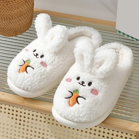 

Women Slip On Furry Plush Flat Home Winter Round Toe Keep Warm Cartoon Rabbit Slippers Shoes White 7