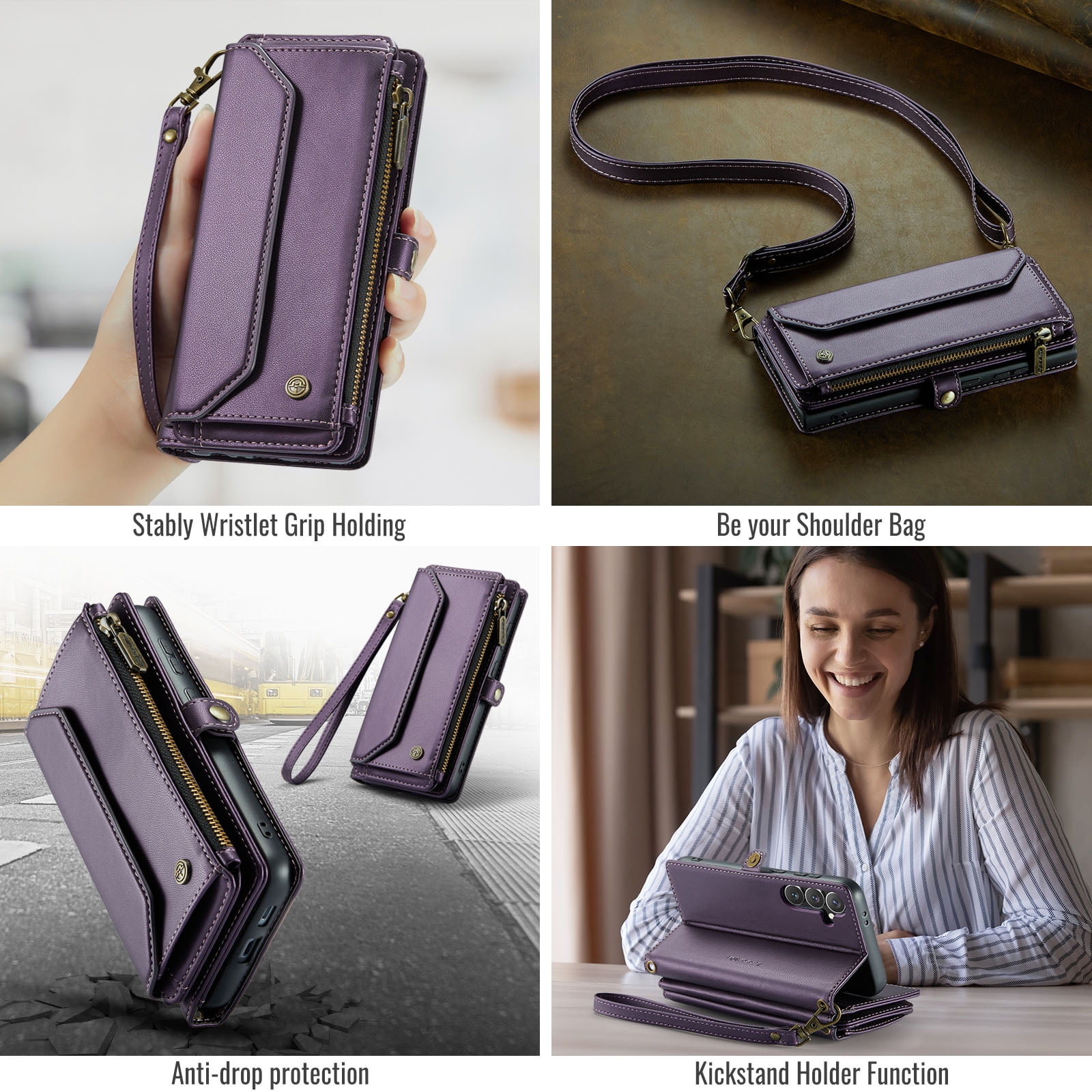 for Samsung Galaxy S24 Full Body Protection Wallet Folio Flip Case, Shoulder Strap & Wristlet Card Slots Zipper Pocket RFID Blocking Rugged Durable PU Leather Phone Case Cover, Purple