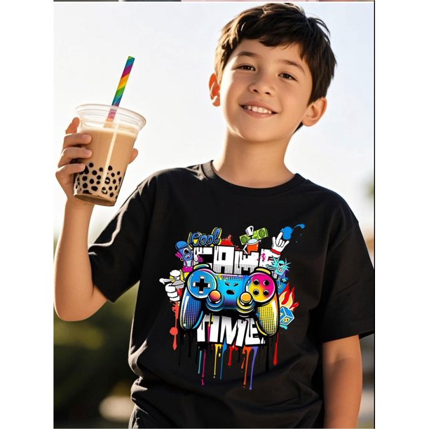 Boys' Bright Short-Sleeve T-Shirt with Vibrant Galaxy Print - 100% Cotton, Casual Summer Outdoor Top with Game Controller Graphic, Crew Neck, Regular Fit, Perfect for Youngster