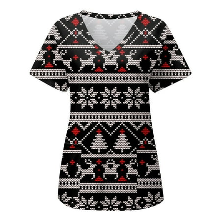 

Christmas Shirts for Women Cute Xmas Graphic Print Basic Fit Short Sleeve Scrub Top Fashion Streetwear Pullover Top