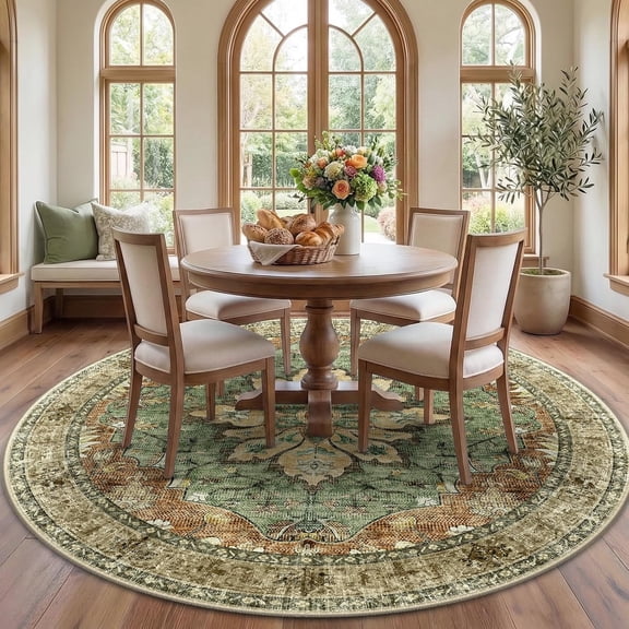 Washable Round Area Rug 7 Feet Brick Brown Green Non-Slip Water Repellent Pet Friendly Vintage Floral Boho Design