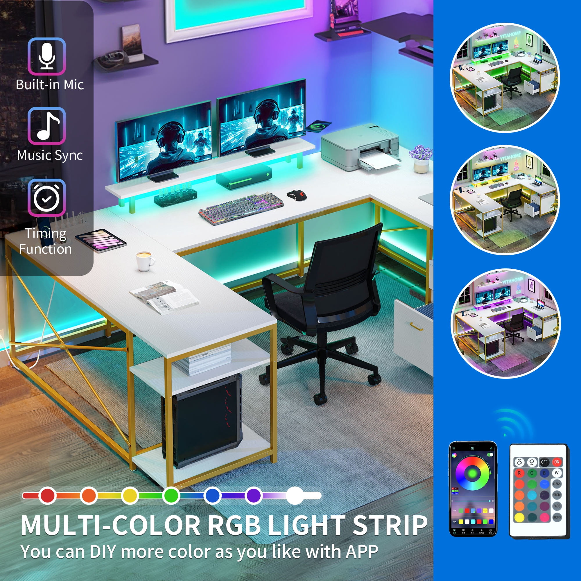 Dextrus L Shaped Desk with Power Outlets & LED Lights, Reversible Computer Desk with Drawers & Storage Shelves, Large U Shaped Desk,White