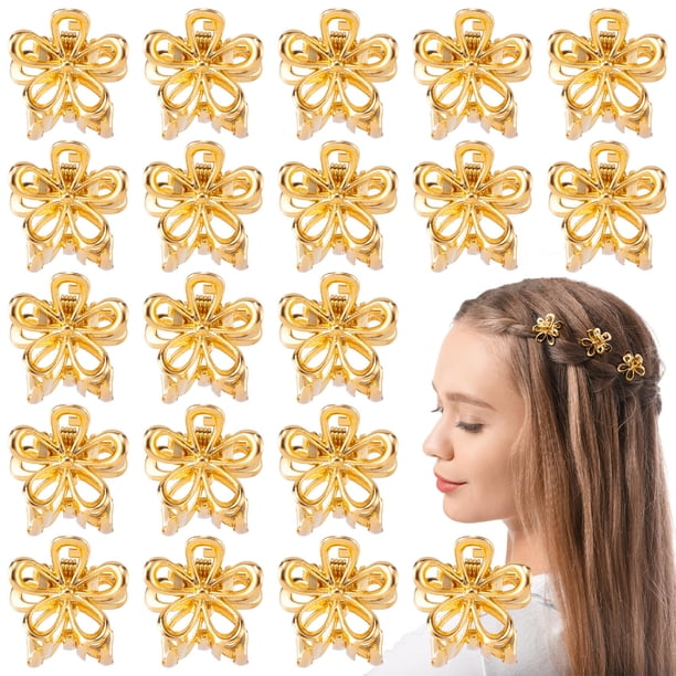 HINZIC 20 pinzas para el pelo con forma de flor de 0,69 pulgadas, pequeñas pinzas para el pelo doradas, lindos pasadores de metal para el pelo, accesorios para mujeres, niñas, adolescentes, pelo corto