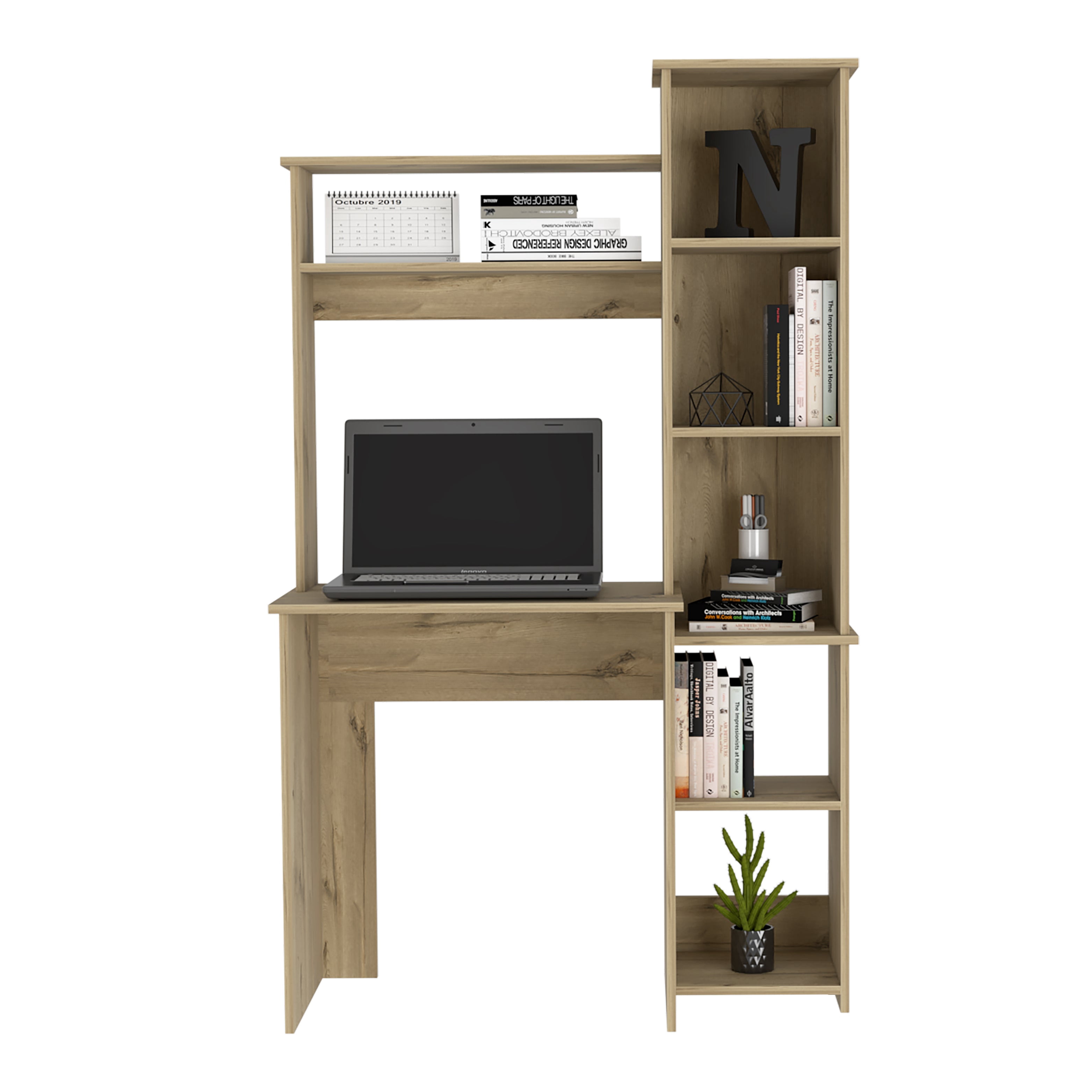 Boahaus Yerevan Modern Computer Desk with 5 Open Shelves, Brown
