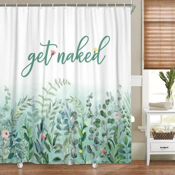 Sage Green Eucalyptus Leaves Shower Curtain, Funny Get Naked Shower Curtains, Botanical Spring Plant Floral Cottagecore Aesthetic Fabric Shower Curtain Set with 12PCS Hooks, 70X70IN