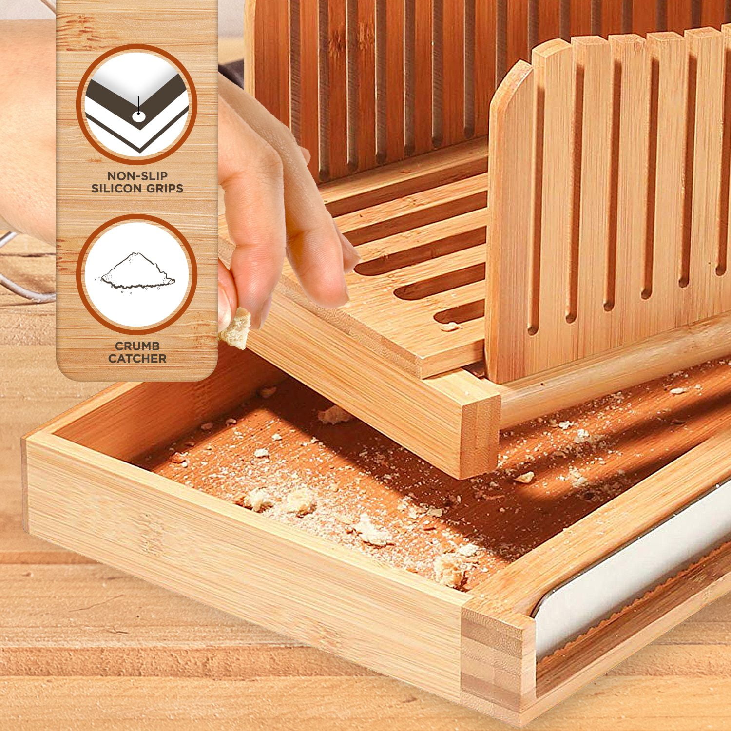 Bamboo Bread Slicer with Serrated Knife, Adjustable Bread Slicer Guide with  3 Thickness Size, Foldable Compact Chopping Cutting Board with Crumb Tray