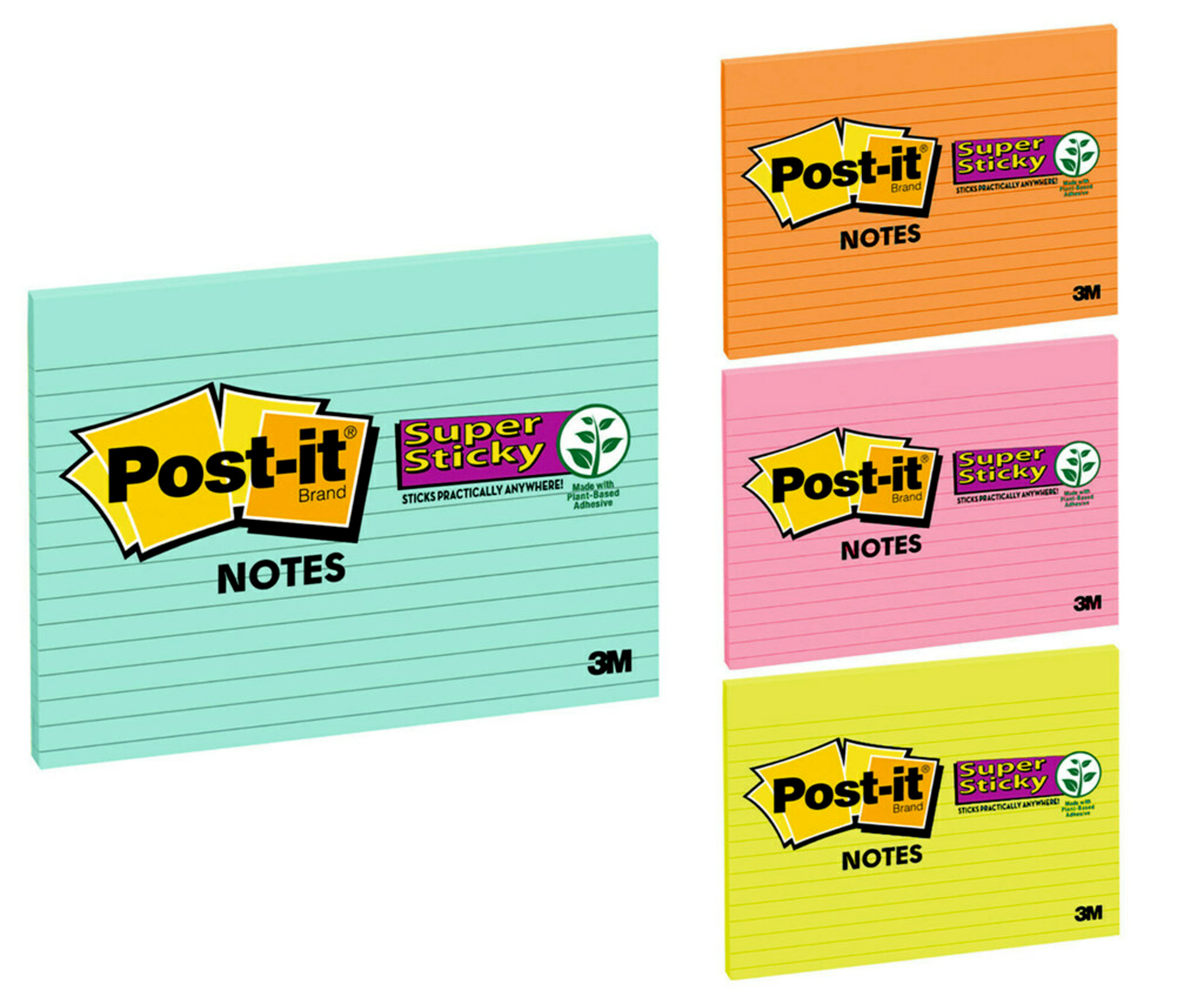 Postit Super Sticky Lined Notes, 6" x 8", Assorted Brights, 1 Pad