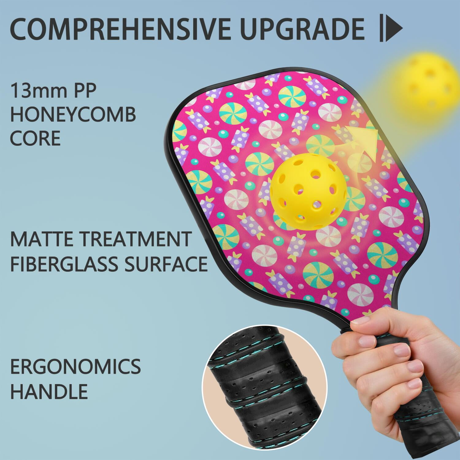 Pickleball Paddles Set Of 2, Fiberglass Surface, Sweet Candy Print, 4 Balls & Bag
