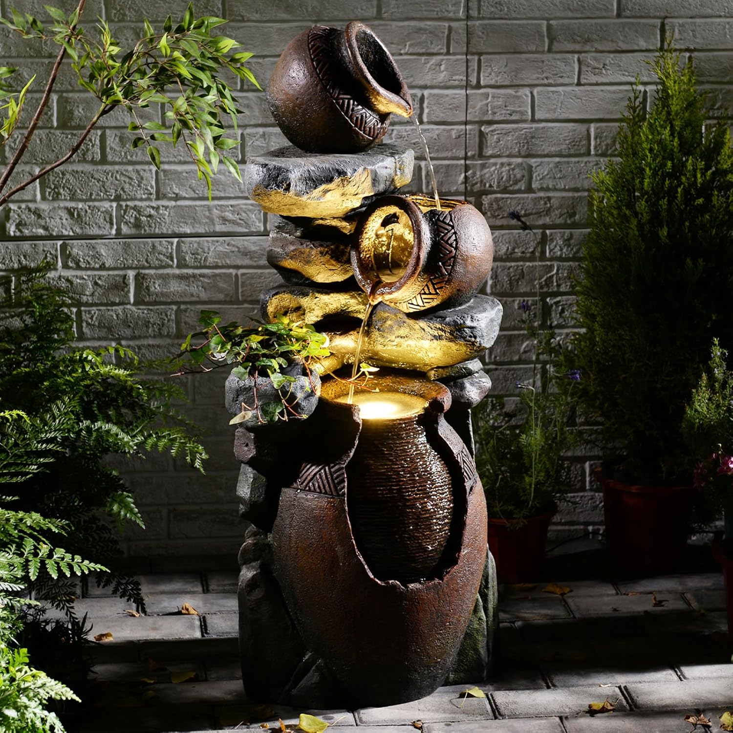 Garden Water Fountain Outdoor Decor - 38.4" 3 Tier Standing Cascading Waterfall Outdoor Water Fountain with LED Lights & Pumps,Natural Design for Garden,Patio, Porch, Backyard, Home Art Decor