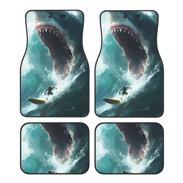 Fotbe Surfing Shark Juego de 4 Tapetes para Auto con Estampado – Alfombrillas de Goma Reforzada, Diseño Antideslizante, Protección para Todo el Año – Vehículos, Autos, Camionetas y SUVs