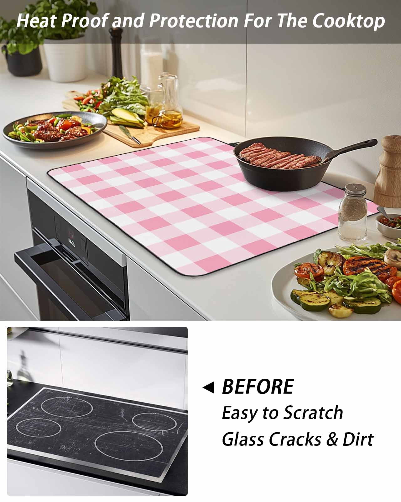 Stove Top Covers for Electric Stove, Pink Checkered Glass Stovetop Cover Protector, Pink White Buffalo Plaid Induction Cooktop Protector Oven Mat for Kitchen Countertop 24"x21"