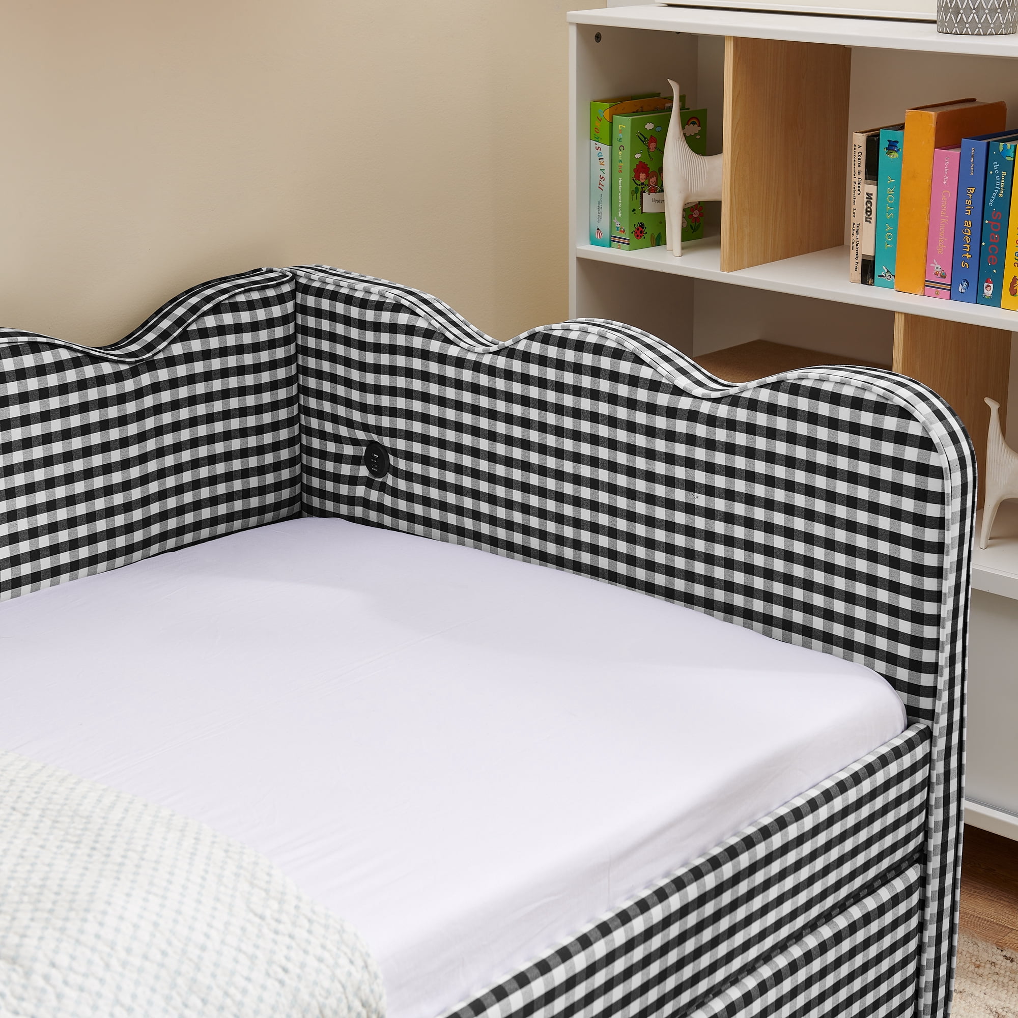 Leumius Twin Size Gingham Daybed with Storage Drawers,Modern Linen Daybed with USB Ports & Wave Shaped,Upholstered Day Bed Frame Sofa Bed for Living Room/Bedroom/Guest Room,Black