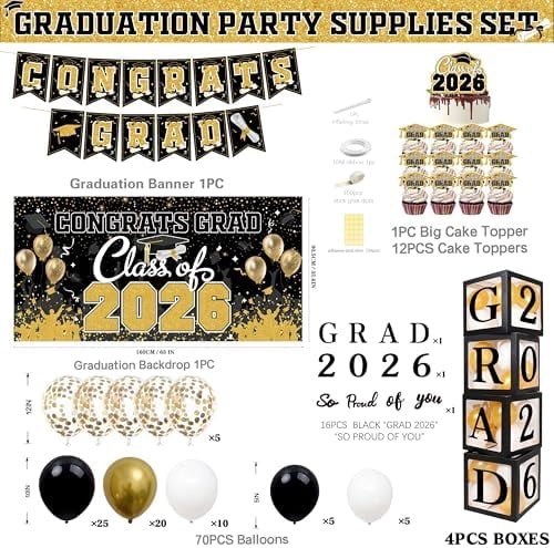 Graduation Decorations 2026 Black and Gold - 4 Balloon Boxes with Letters, Large Class of 2026 Backdrop Banner, 70pcs Balloon Garland Arch Kit - High School College Grad Photo Booth Props