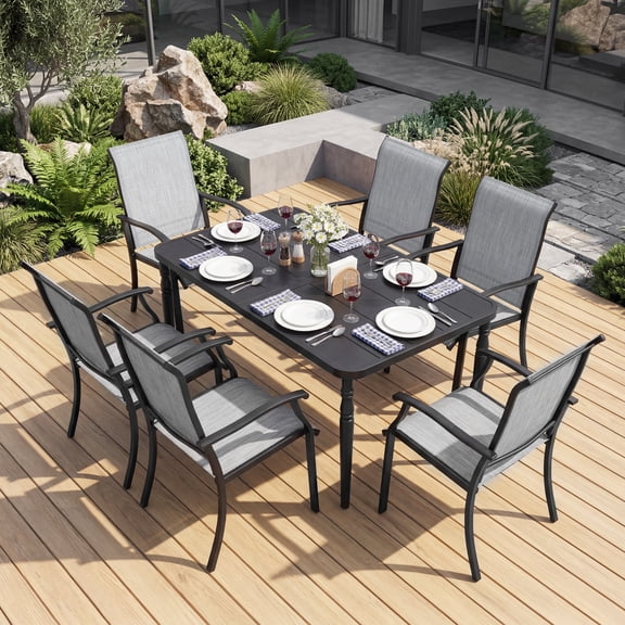 Nuu Garden 7-Piece Patio Dining Table Set, Outdoor Metal Dining Furniture Set with Umbrella Hole Rectangular Table and 6 Textilene Chairs, Black