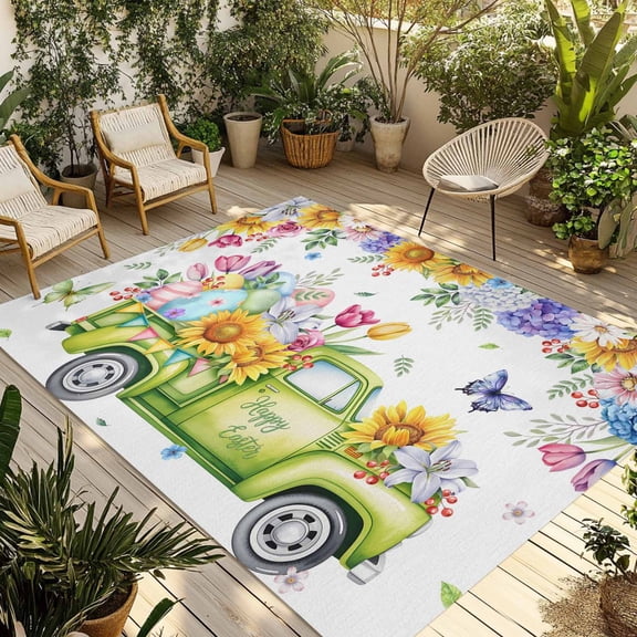 Happy Easter Outdoor Rug for Patio/Deck/Porch, Non-Slip Large Area Rug 5 x 7 Ft, Watercolor Truck Eggs Flowers Butterfly Botanical Indoor Outdoor Rugs Washable Area Rugs, Camping Rug Carpet Runner