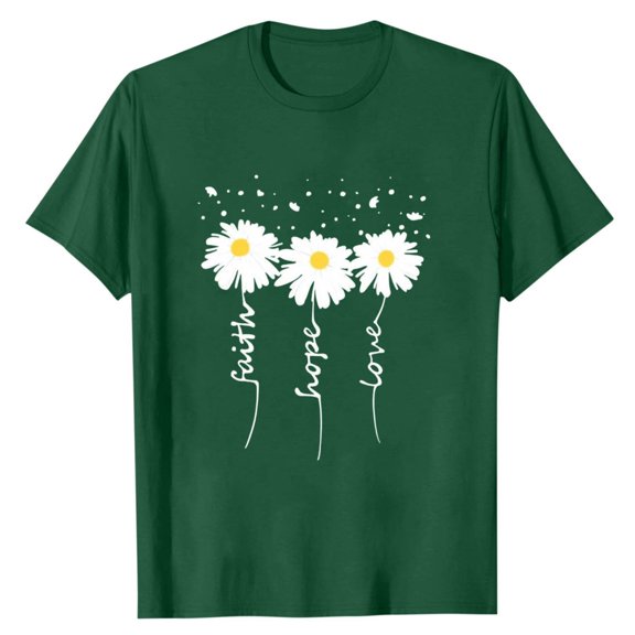 Trendfront Womens Daisy Graphic T Shirts Crewneck Short Sleeve Faith Hope Love Letter Print Inspirational Casual Tee Tops
