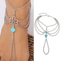 Travelwant Bohemian Layered Anklet with Toe Ring Silver Turquoise Barefoot Sandals Summer Beach Wedding Foot Accessories Boho Toe Link Ankle Bracelet