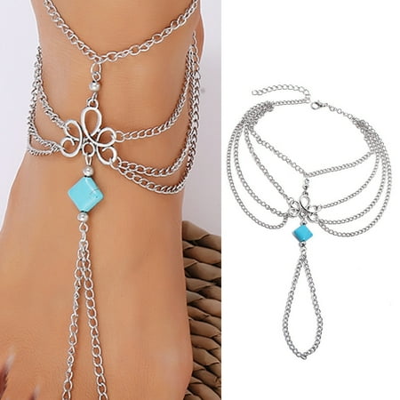 

Cheers US Bohemian Layered Anklet with Toe Ring Silver Turquoise Barefoot Sandals Summer Beach Wedding Foot Accessories Boho Toe Link Ankle Bracelet