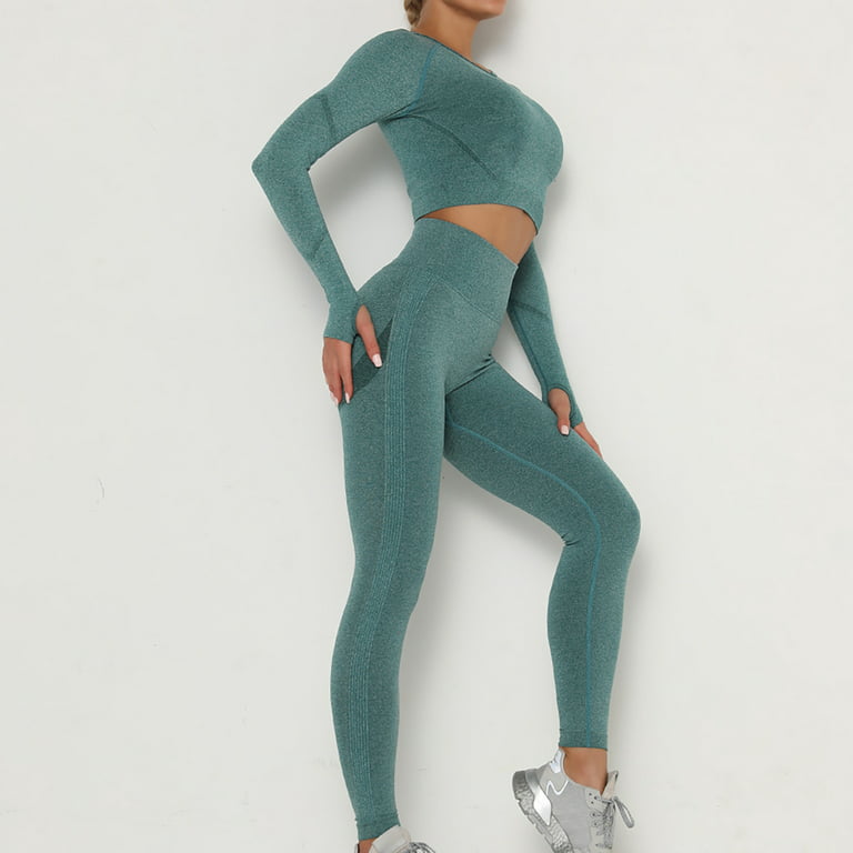 RQYYD Women's Seamless 2 Piece Outfits Workout Long Sleeve Crop Top Tummy  Control High Waist Yoga Legging Sets Khaki L
