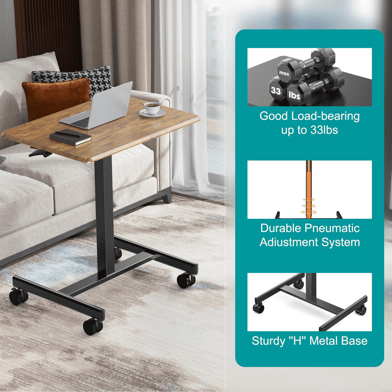 Aidoly Mobile Standing Desk with Locking Wheels - Height Adjustable Rolling Desk, Workstation for Home Office, Living Room & Classroom，Brown