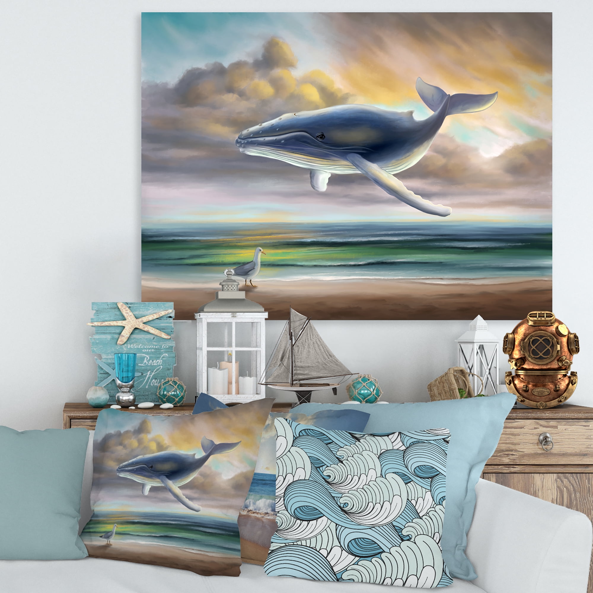 Designart ' Whale Floating In The Sky Over Beach ' Children's Art Canvas Wall Art Print