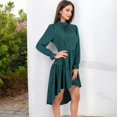 thumbnail image 3 of Women's High Neck Tiered Swing Dress with Long Sleeves- Large, Dark Green, 3 of 7