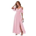 thumbnail image 1 of Vestido de dama de honor Stylefun de gasa con hombros descubiertos, rosa, largo, 1 of 7