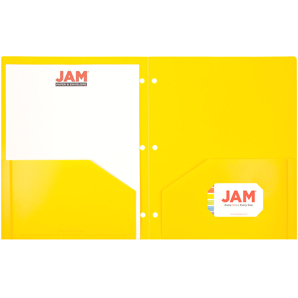 JAM Paper Plastic Two Pocket 3 Hole Punched Presentation School Folder, Yellow, 108/pack