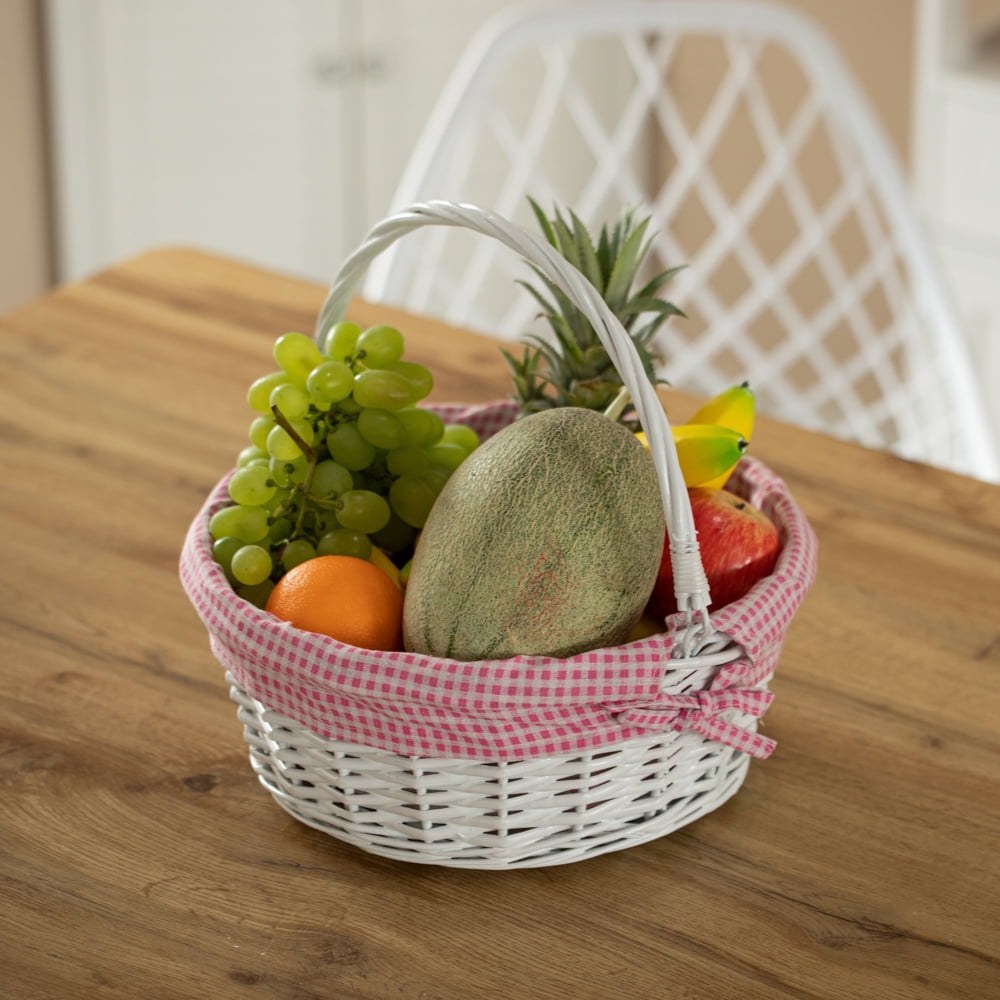 Traditional White Round Willow Gift Basket with Pink and White Gingham Liner and Sturdy Foldable Handles, Food Snacks Storage Basket, Medium