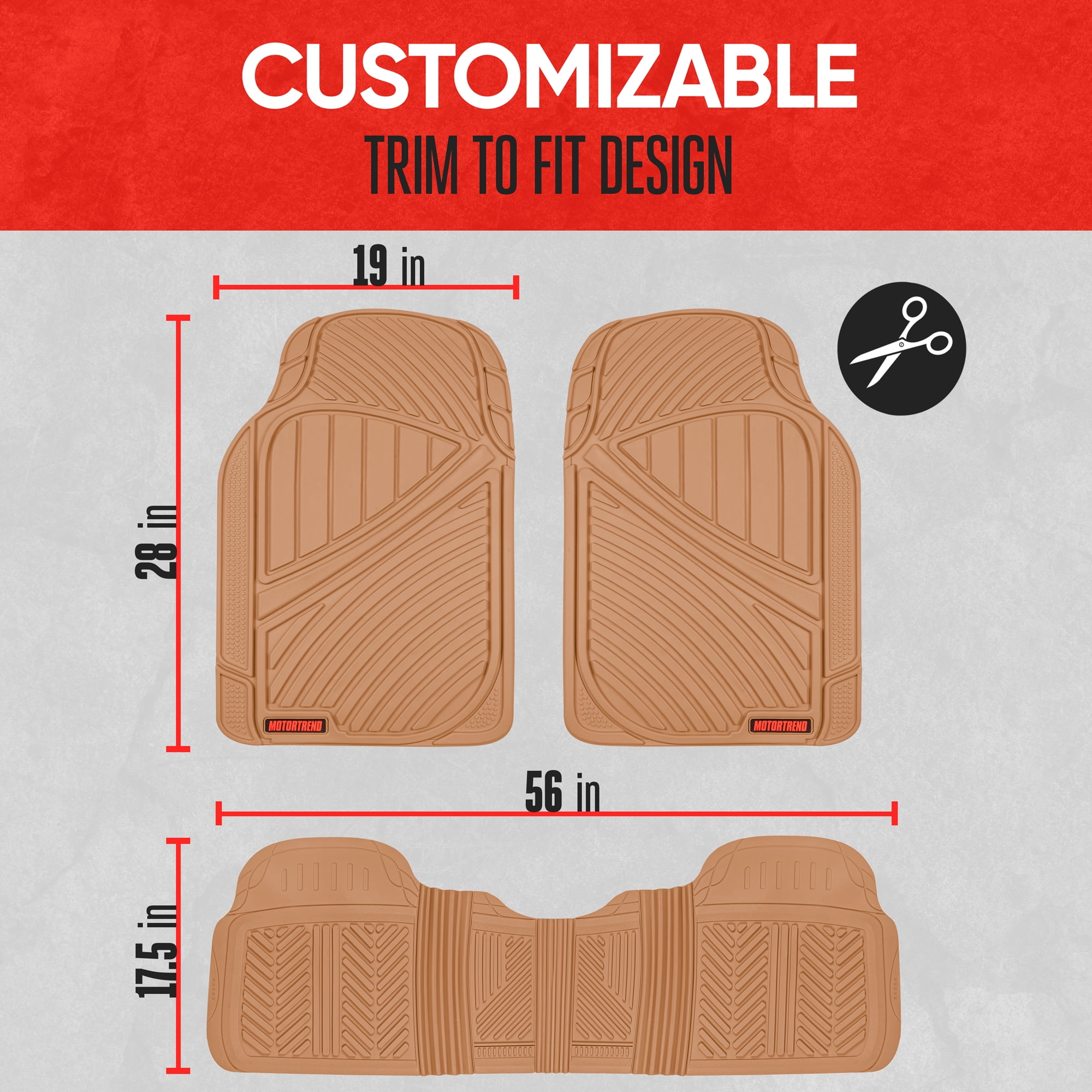 Motor Trend FlexTough Performance All Weather Rubber Car Floor Mats - 3 Piece Floor Mats Automotive Liners for Cars Truck SUV, Heavy-Duty Waterproof (Beige)