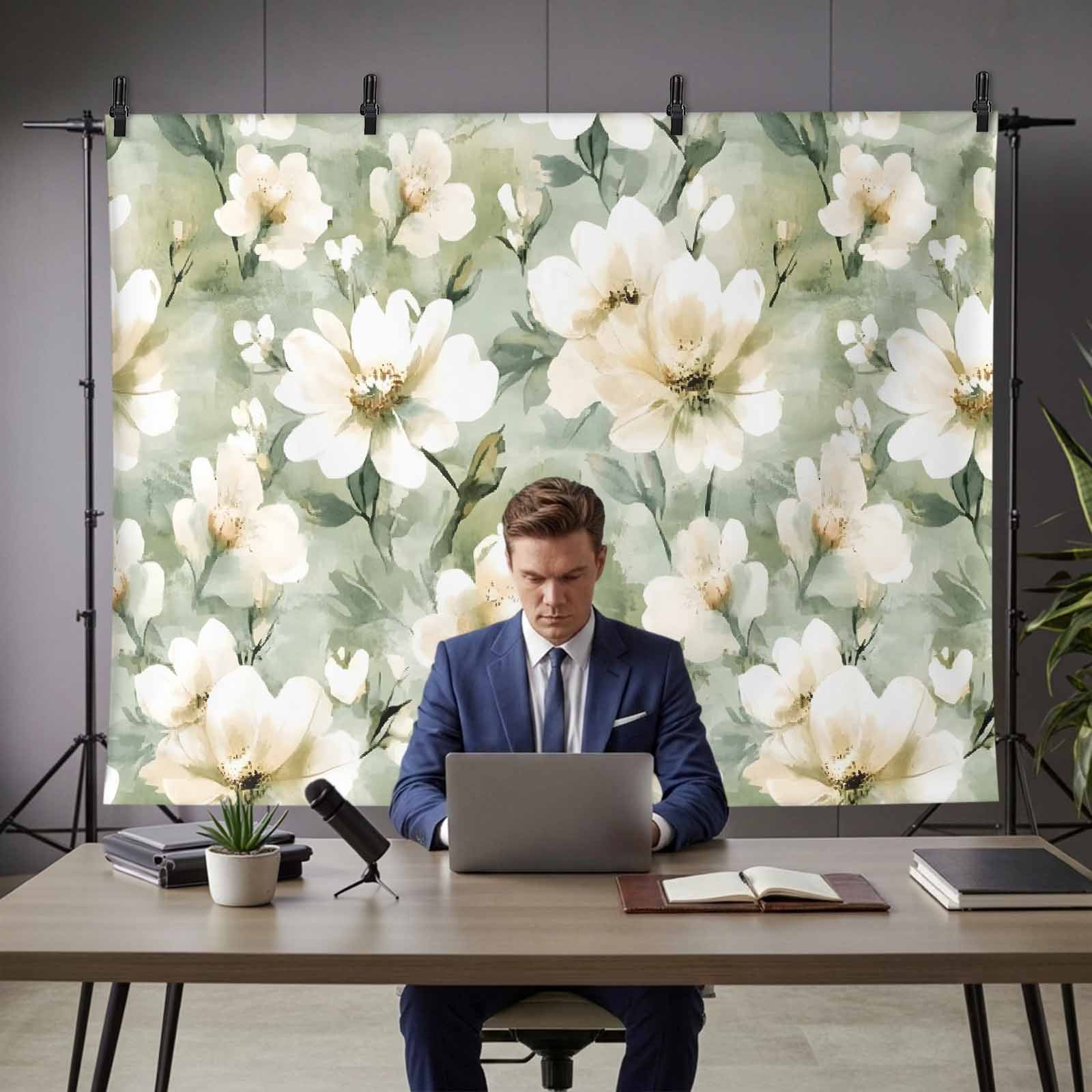 Retro White Backdrop for Photography, Floral Blooming Watercolor Sage Green Oil Paint Photo Backdrop Portrait Background Party Banner Photo Backgrounds for Studio Booth Props, 7x5ft