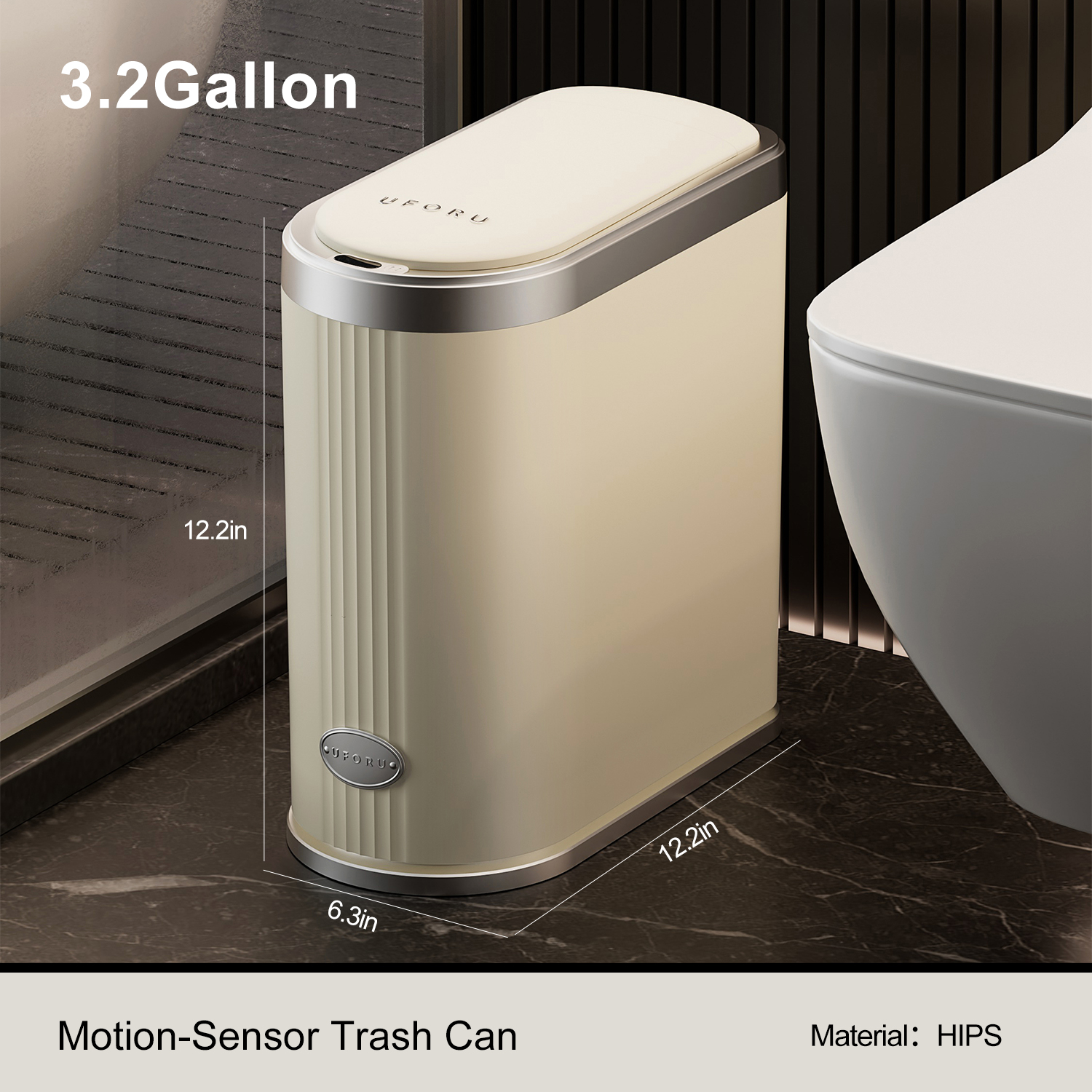 UFORU Automatic Motion Sensor Trash Can, 3.2 Gallon Plastic Slim Bathroom Trash Bin with Lid, Beige